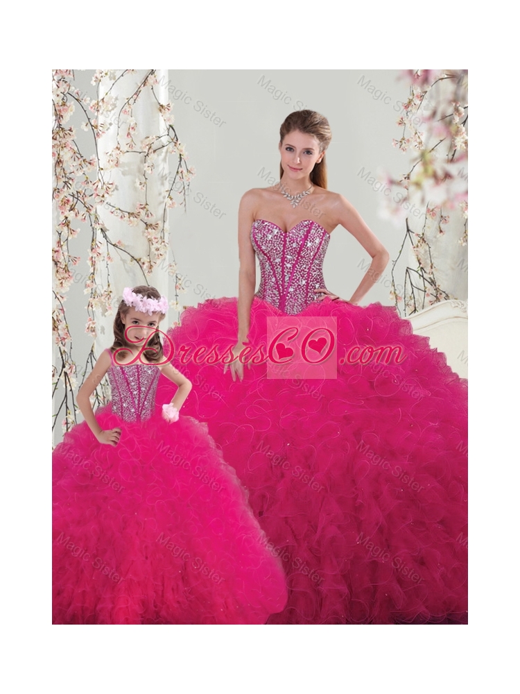 Winter Classical Ball Gown Beaded and Ruffles Matching Sister Dress in Hot Pink