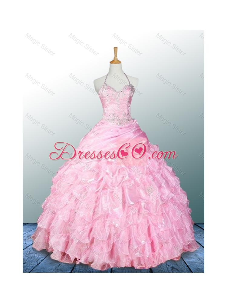 Pretty Halter Top Pink Quinceanera Dress with Appliques