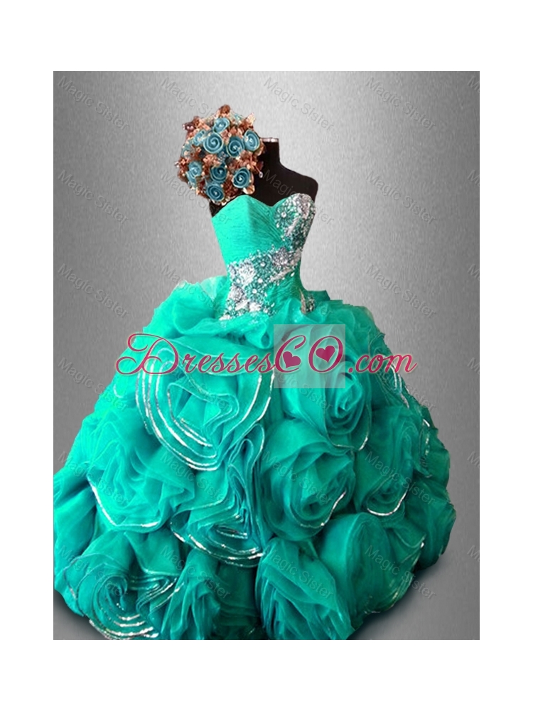 Custom Made Ball Gown Sweet Sixteen Dress with Beading and Rolling Flowers Ball