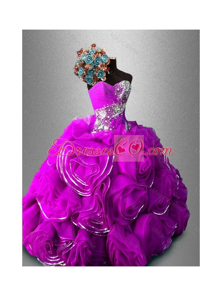 Custom Made Rolling Flowers Quinceanera Dress in Fuchsia