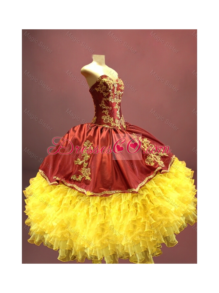 Custom Made Wine Red and Yellow Sweet Sixteen Dress with Appliques and Ruffles