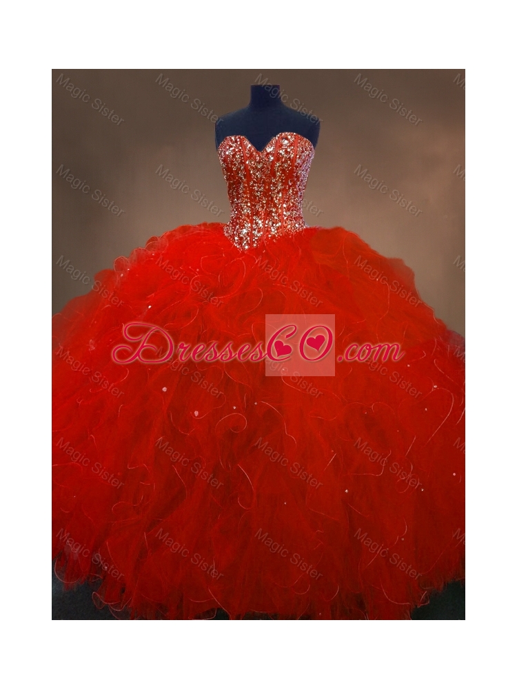 Pretty Red Quinceanera Gowns with Ruffles and Beading