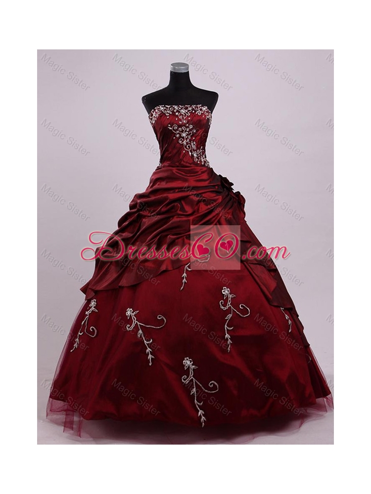 In Stock Strapless Ball Gown Wine Red Sweet Sixteen Dress with Appliques