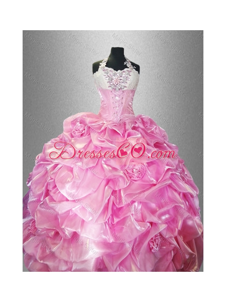 Perfect Halter Top Quinceanera Dress with Pick Ups and Hand Made Flowers