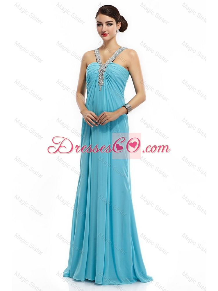 Classical Brush Train Straps Beaded Prom Dress in Aqua Blue Color