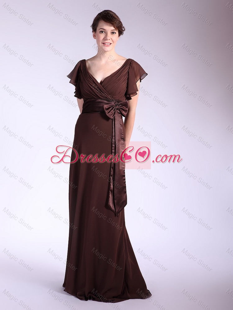 Elegant Belt and Bowknot Brown Prom Dress with Brush Train