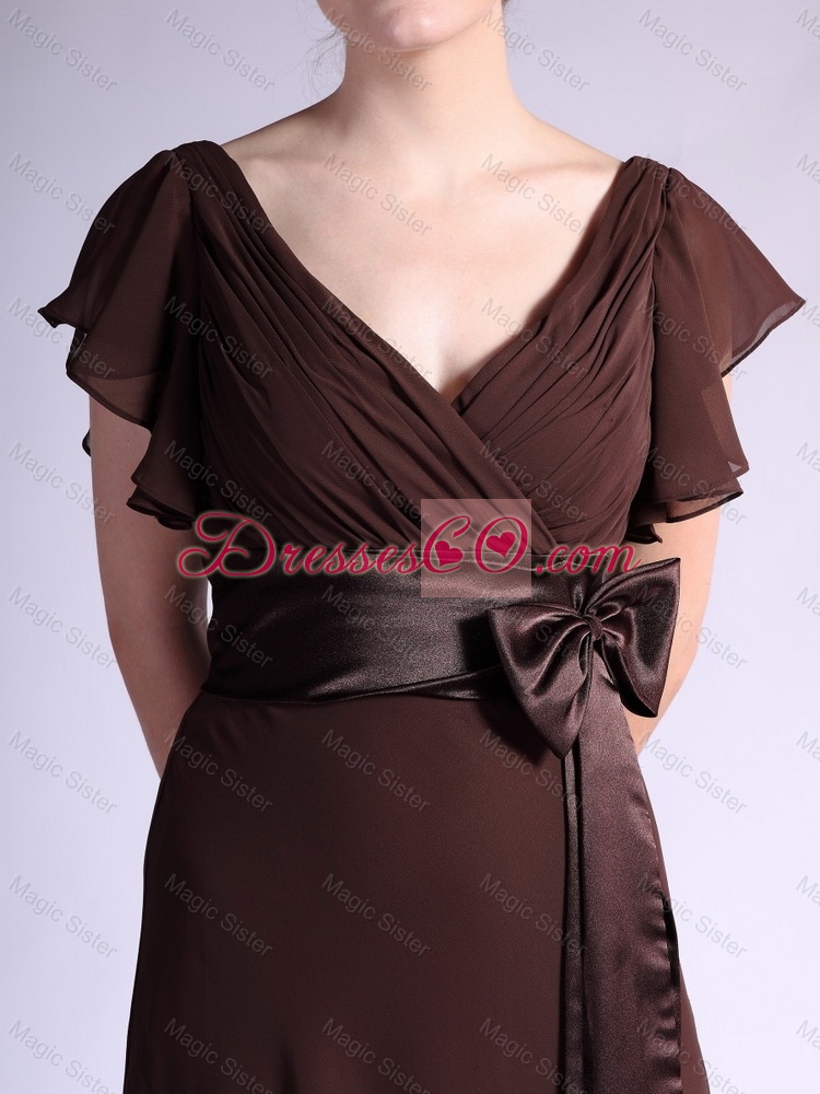 Elegant Belt and Bowknot Brown Prom Dress with Brush Train