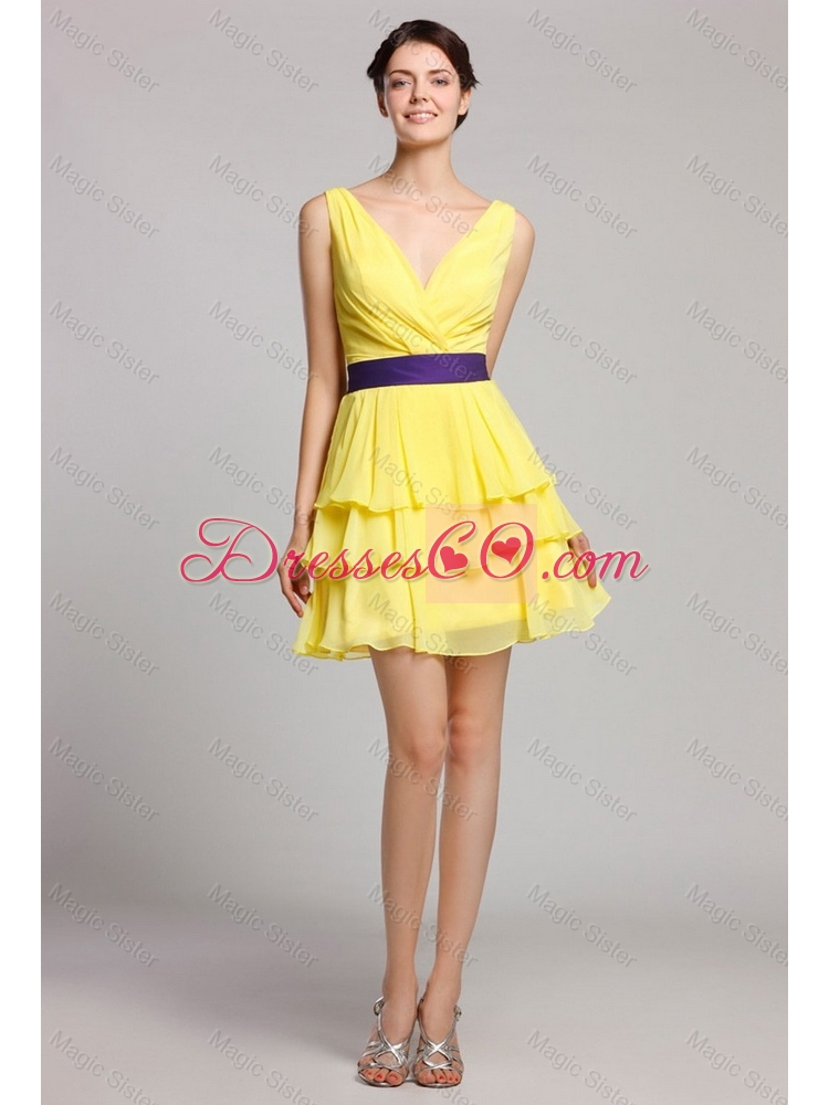 Short V Neck Ruffled Layers Prom Gown in Yellow