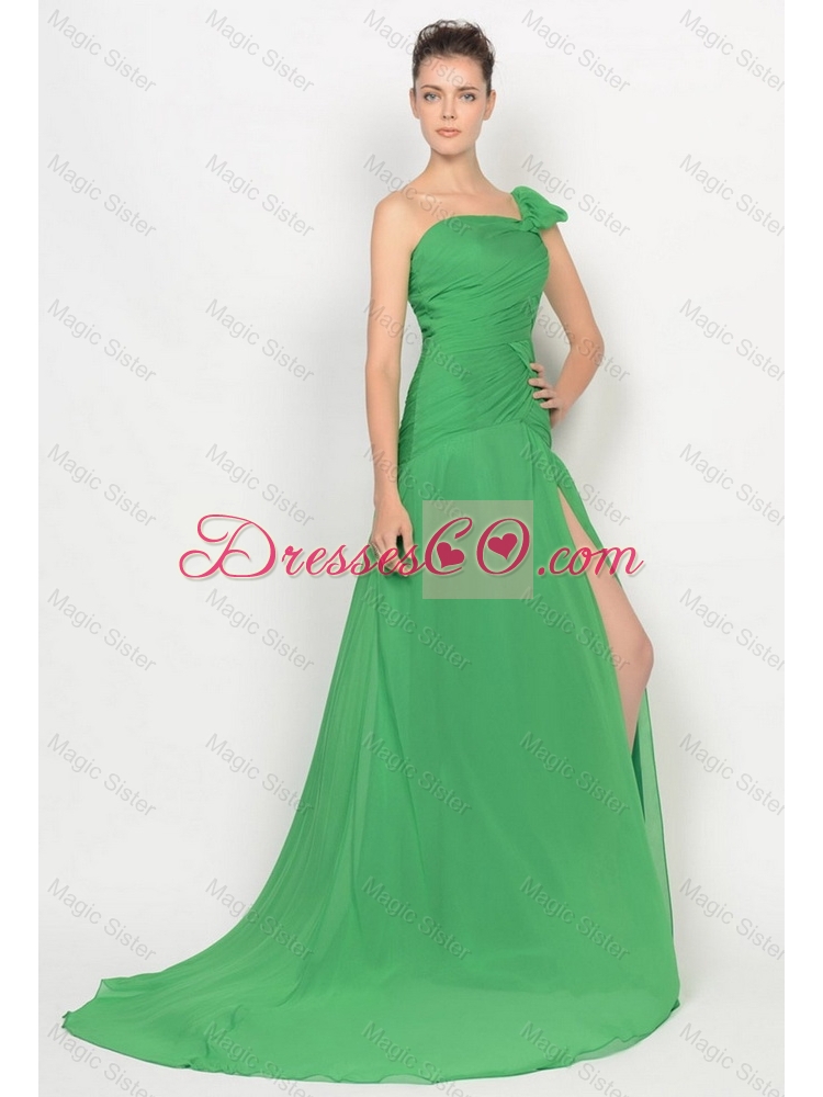 Cheap High Slit One Shoulder Prom Dress with Brush Train