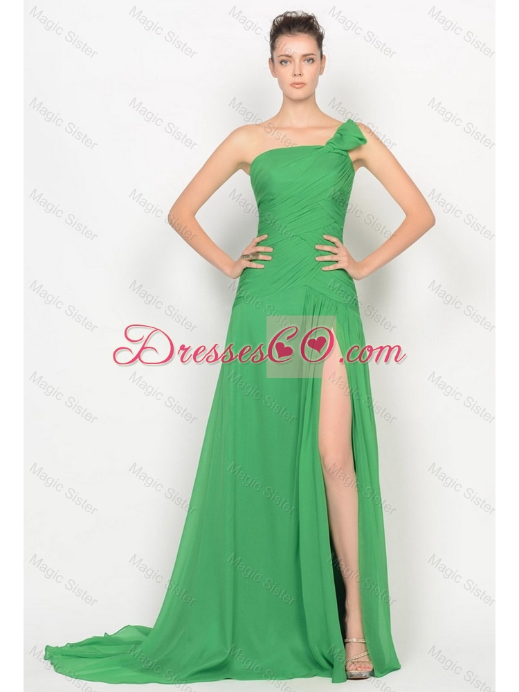Cheap High Slit One Shoulder Prom Dress with Brush Train