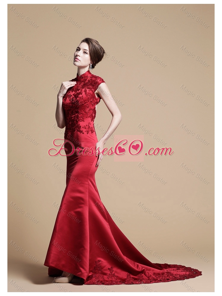 Classical Mermaid High Neck Brush Train Prom Dress with Appliques