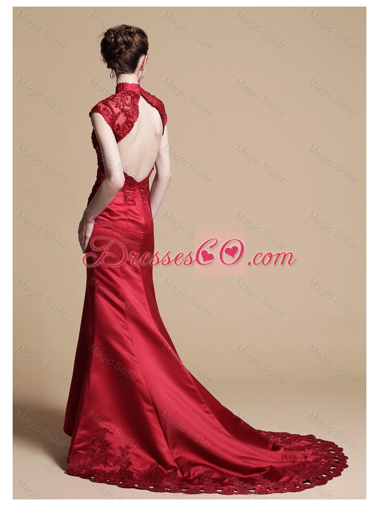 Classical Mermaid High Neck Brush Train Prom Dress with Appliques
