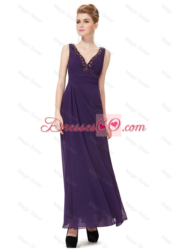 Discount V Neck Ankle Length Prom Dress with Appliques