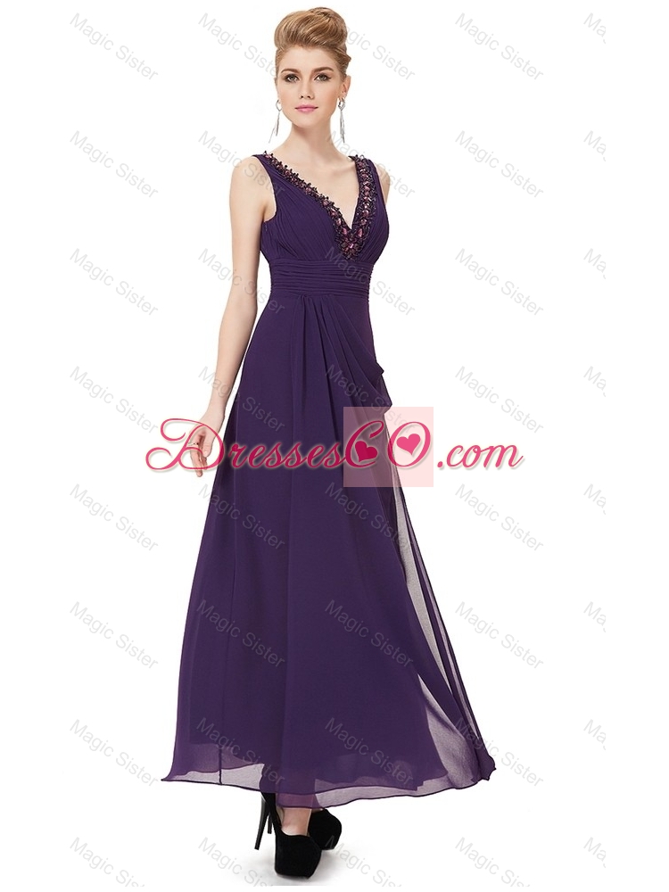 Discount V Neck Ankle Length Prom Dress with Appliques