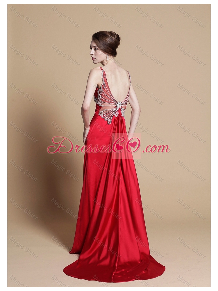 Exclusive Empire V Neck Beaded Prom Dress with Watteau Train