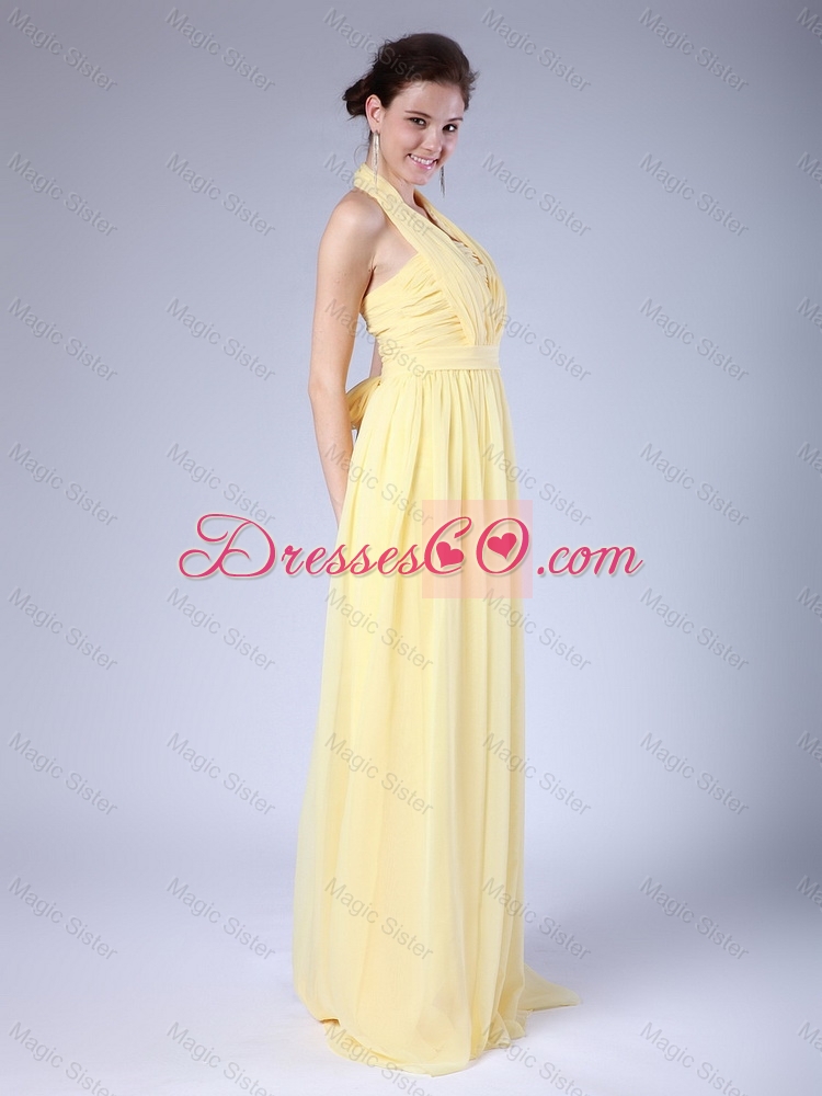 New Arrivals Halter Top Yellow Prom Dress with Brush Train