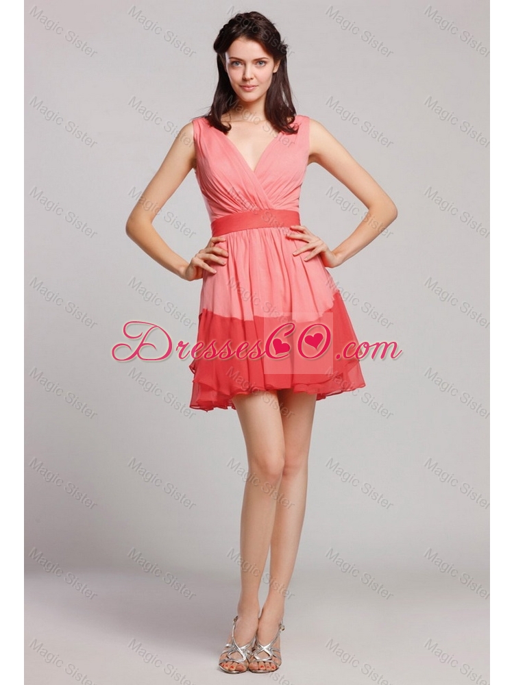 New Style V Neck Belt and Ruched Prom Dress in Multi Color