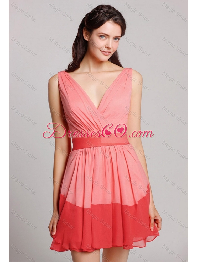 New Style V Neck Belt and Ruched Prom Dress in Multi Color
