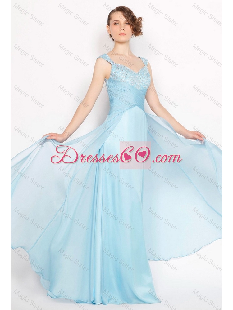 Perfect Straps Ruched Light Blue Prom Dress with Beading