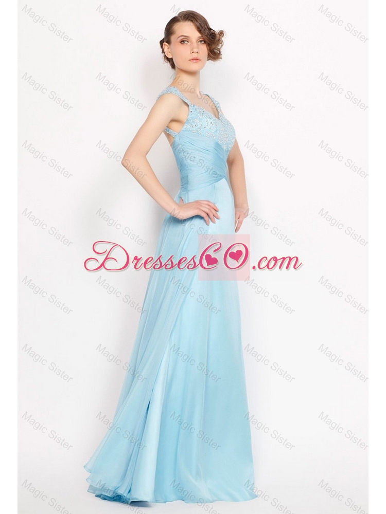 Perfect Straps Ruched Light Blue Prom Dress with Beading