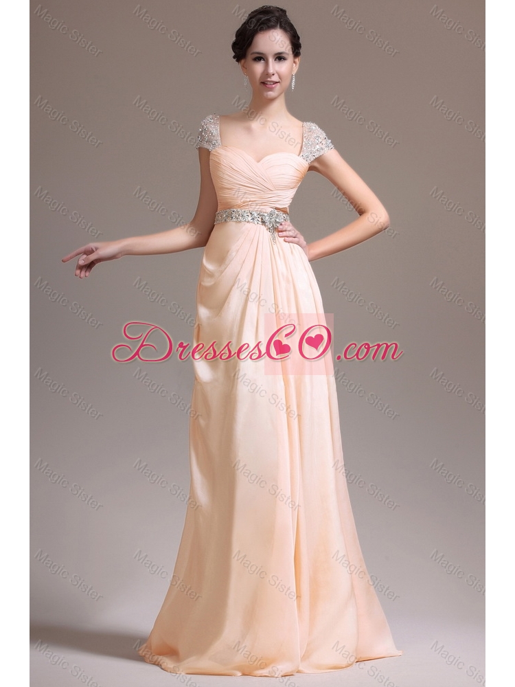 Suitable Empire Straps Beaded Prom Dress with Cap Sleeves
