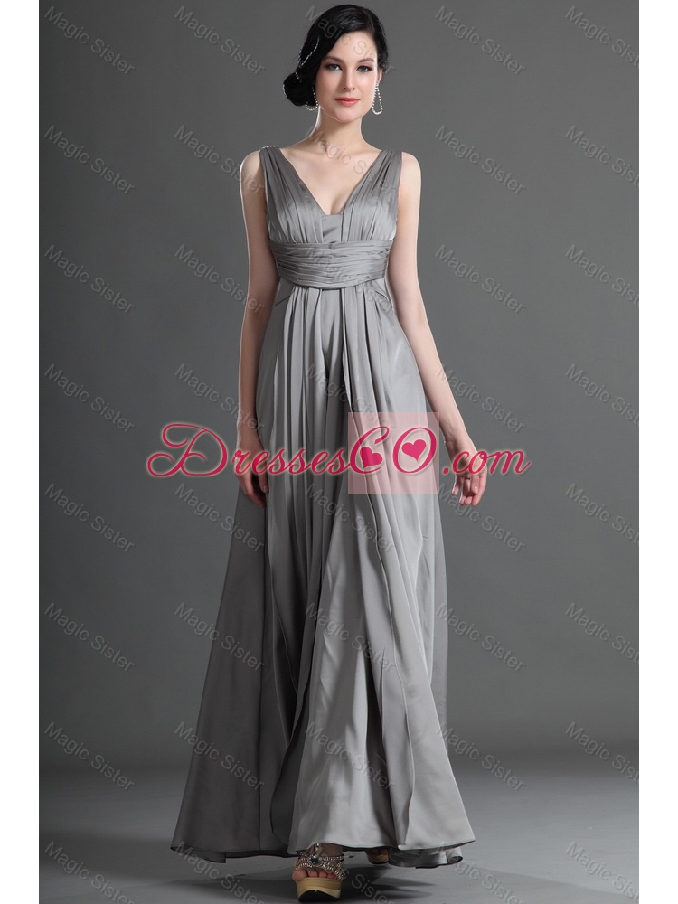 Beautiful V Neck Ruching Taffeta Prom Dress in Grey for