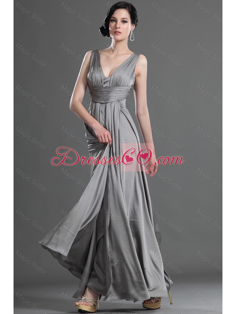 Beautiful V Neck Ruching Taffeta Prom Dress in Grey for