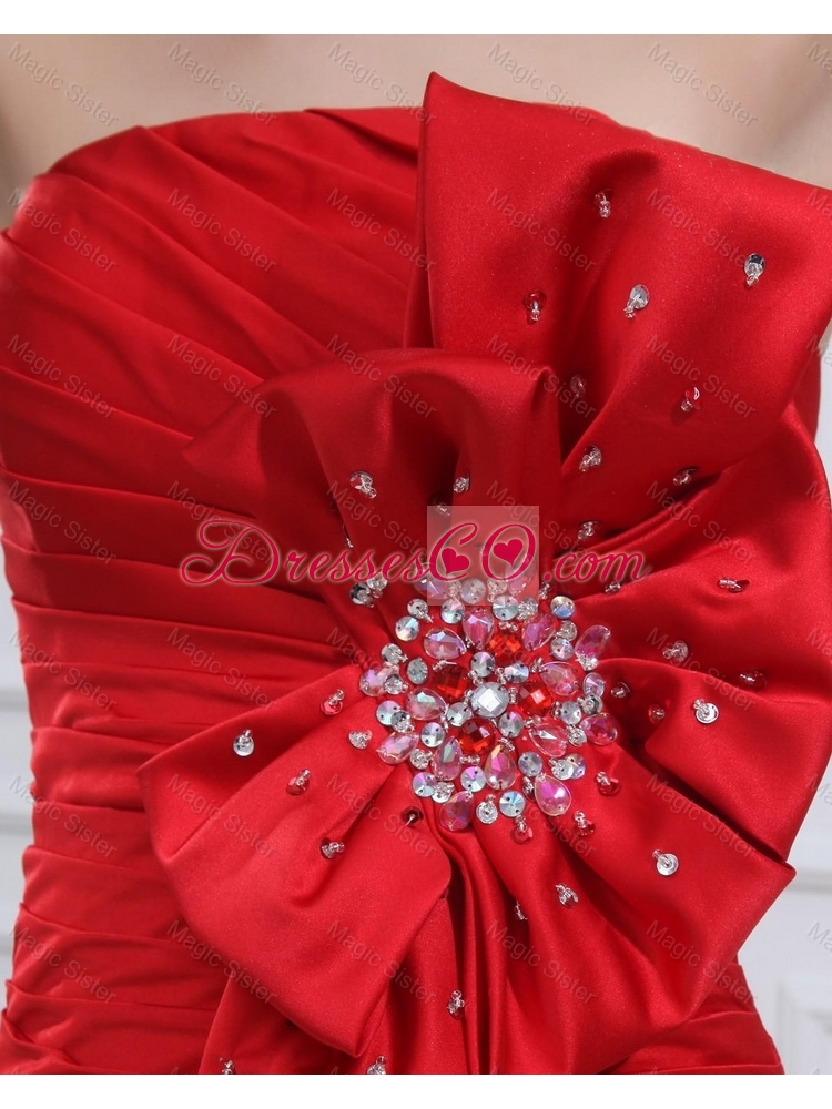Exquisite Straples Beading and Bowknot Red Prom Dress with Brush Train