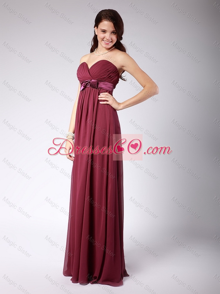 Gorgeous Burgundy Prom Dress with Belt and Bowknot