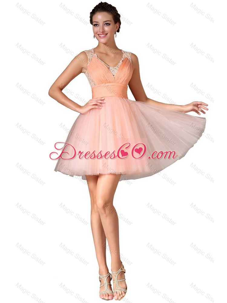 Luxurious V Neck Prom Gowns with Lace and Ruching