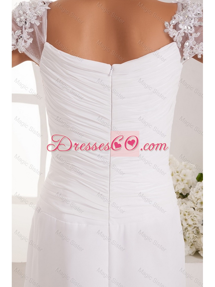 Most Popular Square Ruching Lace White Prom Dress with Cap Sleeves