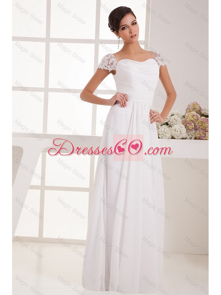 Most Popular Square Ruching Lace White Prom Dress with Cap Sleeves