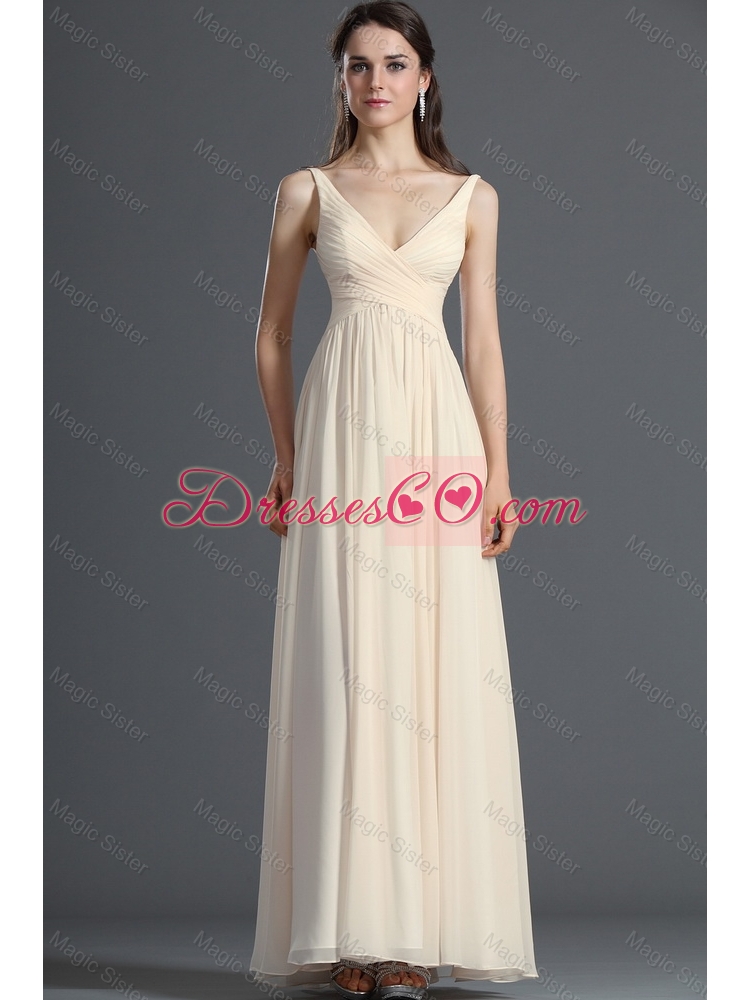 Perfect Straps Long Champagne Prom Dress with Ruching for