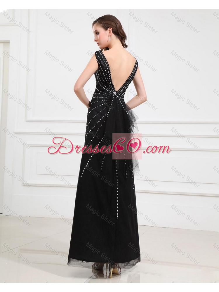 Popular Empire V Neck Beaded Backless Prom Dress in Black