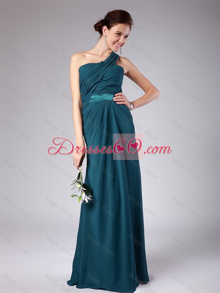 Popular One Shoulder Floor Length Prom Dress with Ruching