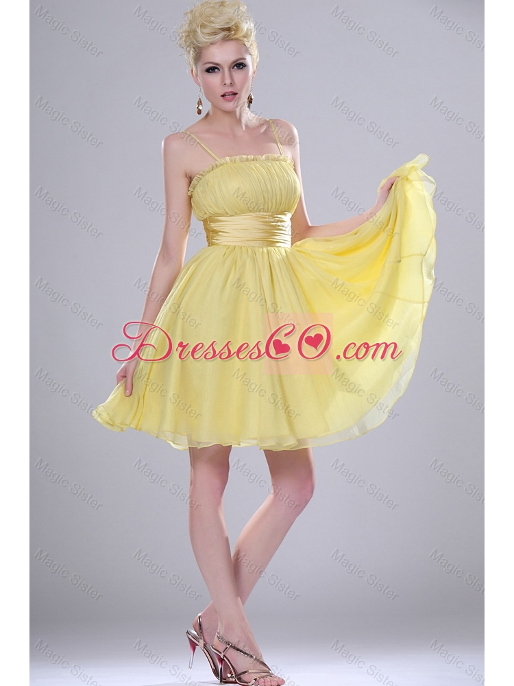 Pretty Yellow Mini Length Prom Dress with Spaghetti Straps