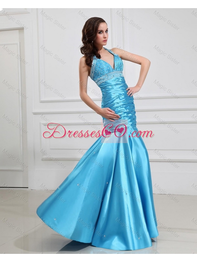 Sweet Mermaid Halter Top Prom Dress with Beading in Baby Blue