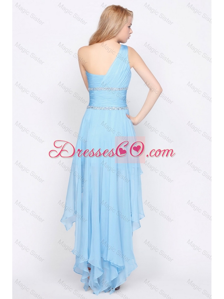 Affordable One Shoulder Beading High Low Prom Dress in Baby Blue