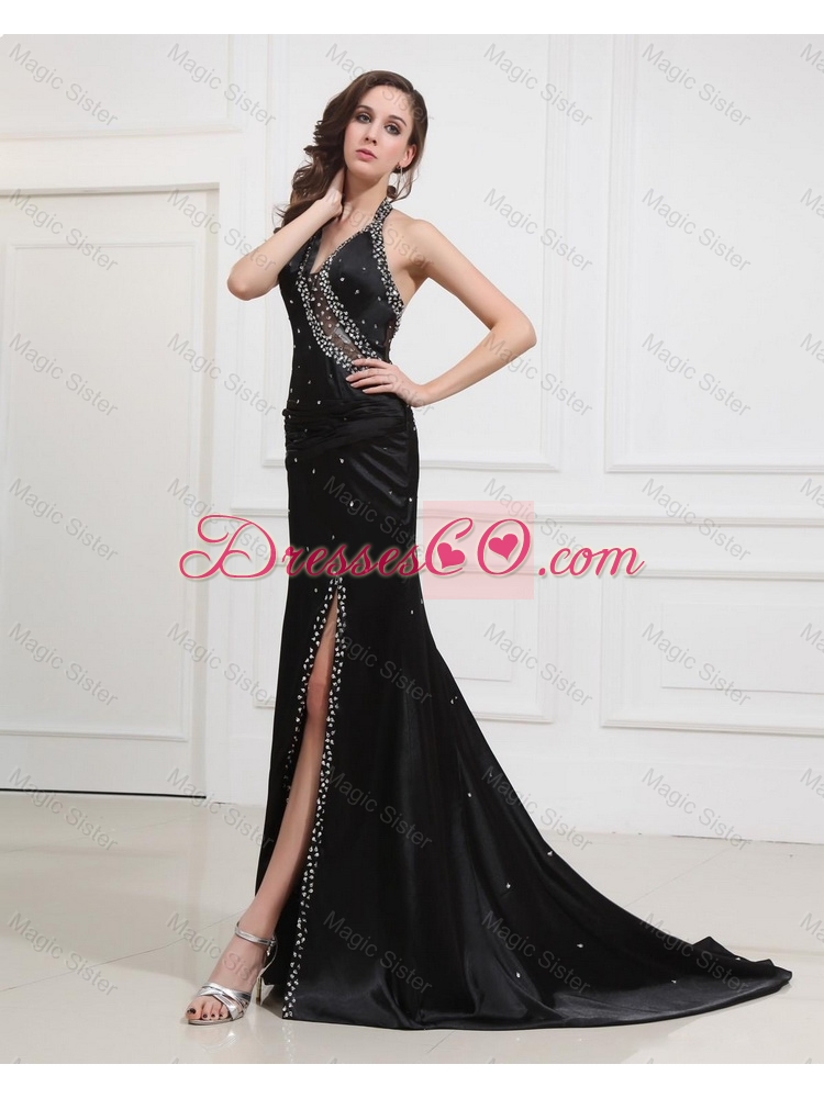 Classical Halter Top Black Prom Dress with Beading and High Slit