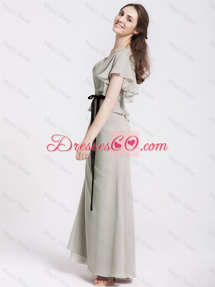 Latest Straps Sash and Ruchede Prom Gowns in Grey