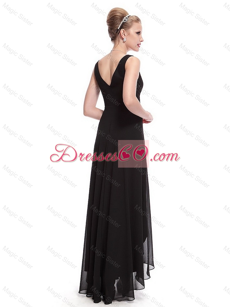 Popular Beaded Straps Black Prom Dress with High Low