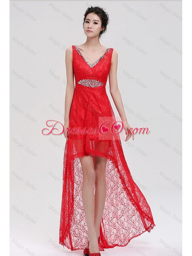 Pretty V Neck Laced and Beaded Red Prom Dress with High Low