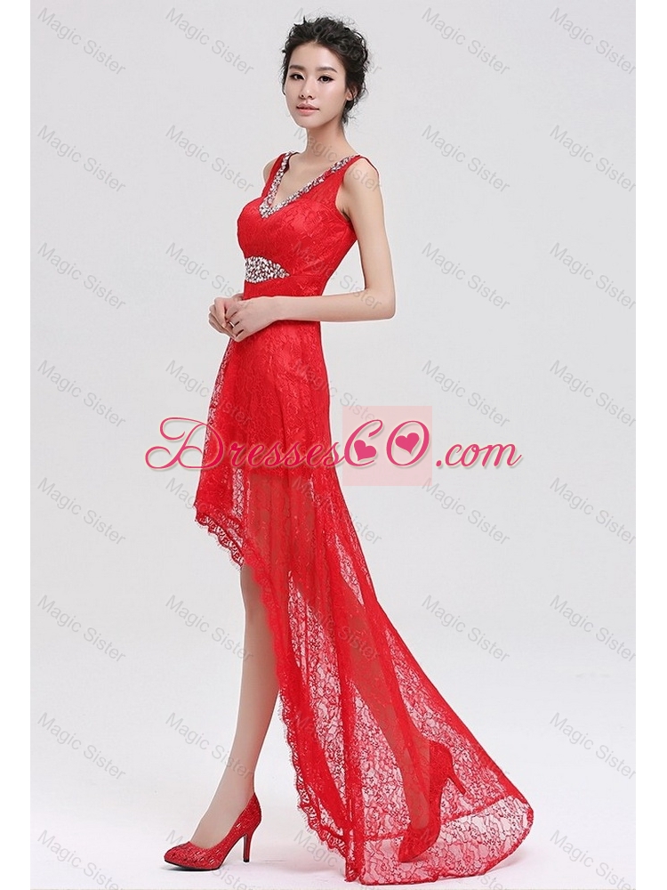 Pretty V Neck Laced and Beaded Red Prom Dress with High Low