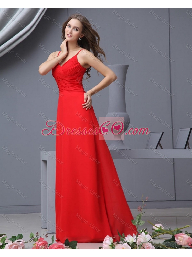 Simple Empire Spaghetti Straps Ruching Red Prom Dresses