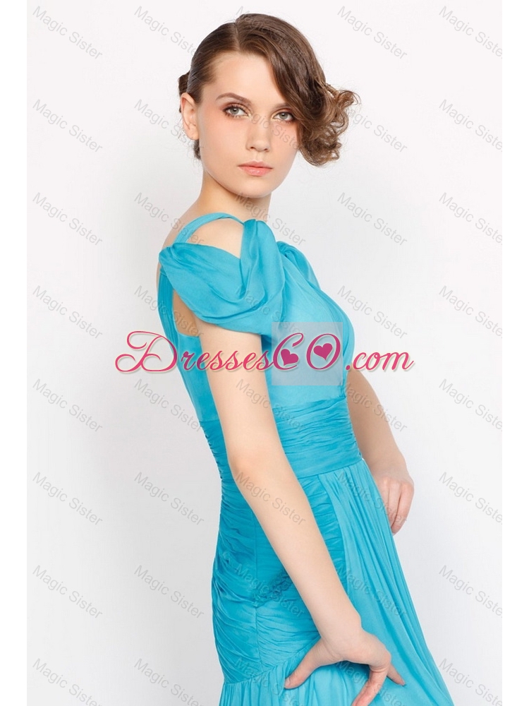 Cheap Lovely Classical V Neck Brush Train Ruched Prom Dress in Aqua Blue Color