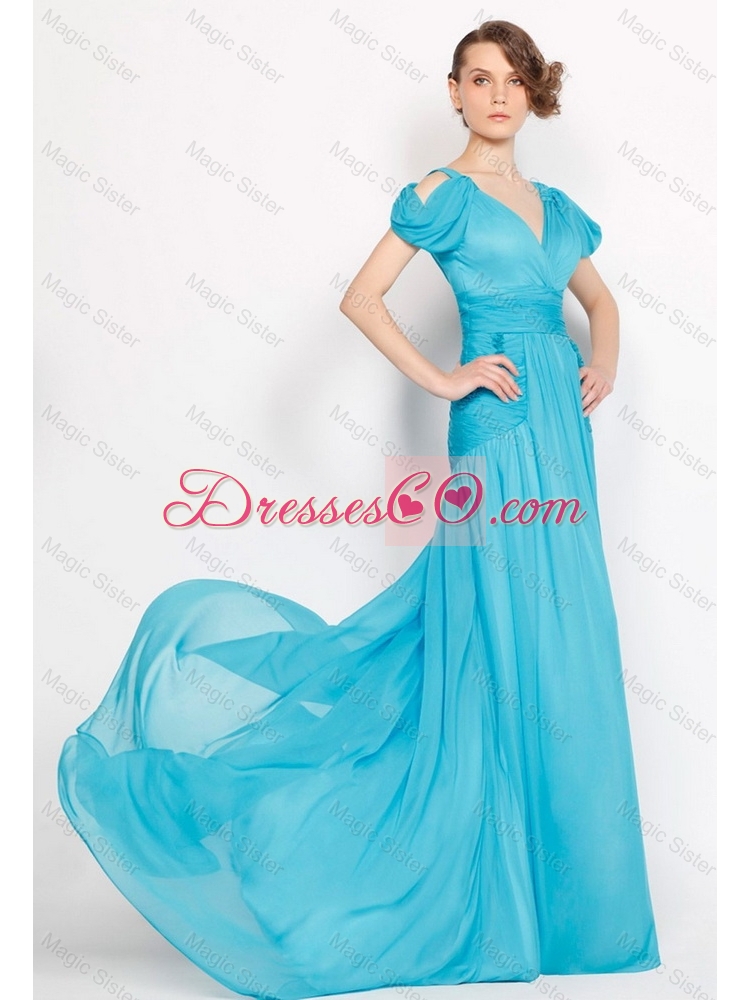 Cheap Lovely Classical V Neck Brush Train Ruched Prom Dress in Aqua Blue Color