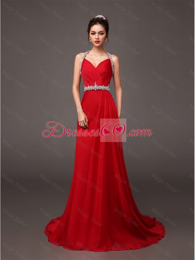 Classical Luxurious Popular Halter Top Beaded Red Prom Dress with Brush Train