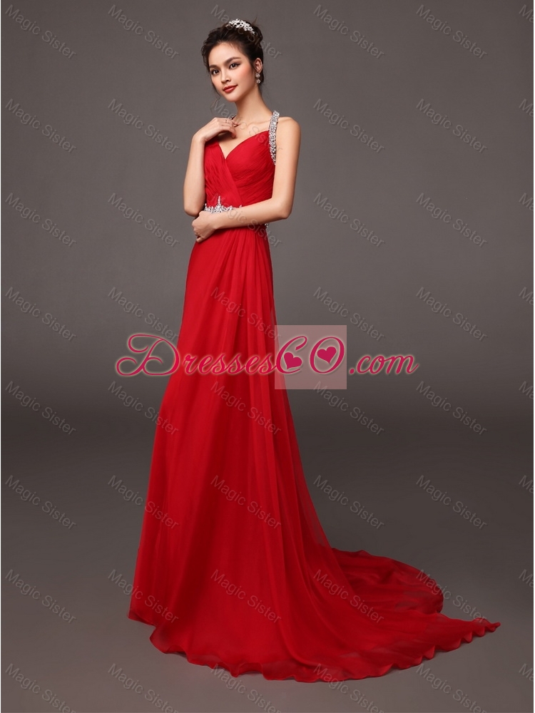 Classical Luxurious Popular Halter Top Beaded Red Prom Dress with Brush Train