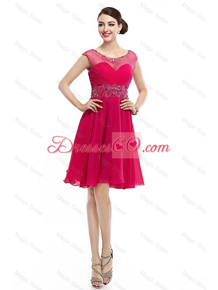 Beautiful Mini Length Scoop Hot Pink Prom Dress with Cap Sleeves