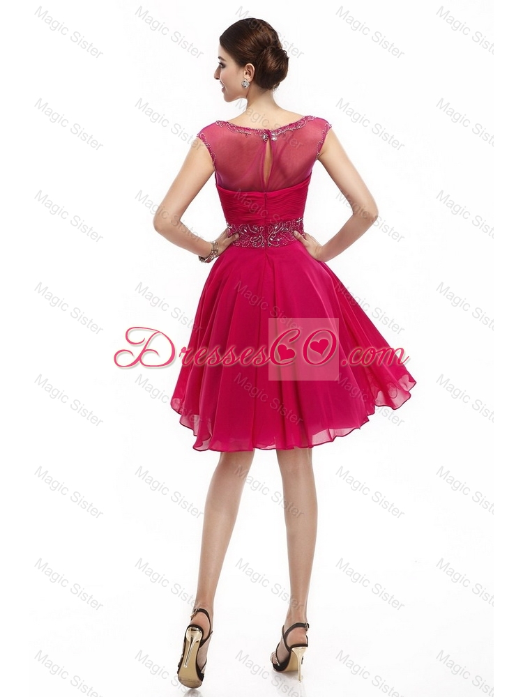 Beautiful Mini Length Scoop Hot Pink Prom Dress with Cap Sleeves